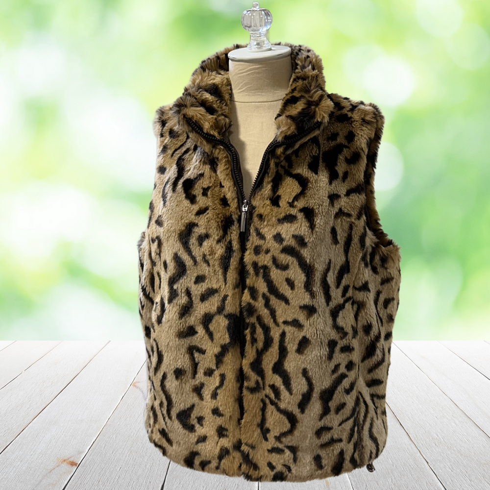 Vintage PARKHURST Faux Fur Vest Leopard Y2K Mob Wife Maximalist Pockets Size L